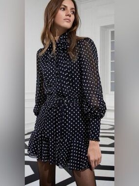 Alexis Ivette Black Embroidered Dot Tie Neck Belted Mini Dress NWT Size S